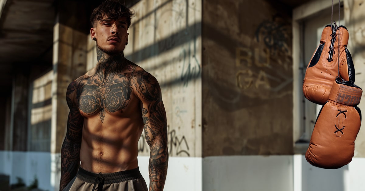 Shirtless tattooed boxer posing beside hanging RUGA leather boxing gloves in a gritty gym setting.