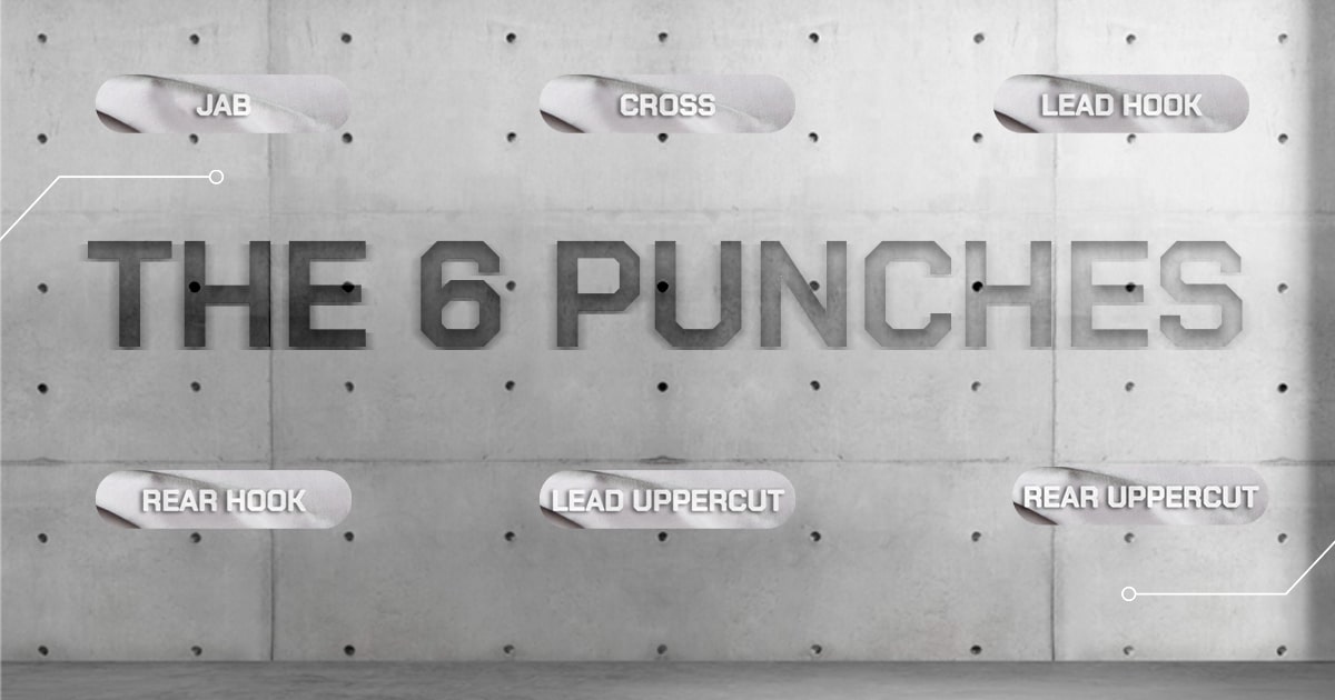 Visual diagram of the six fundamental boxing punches displayed on a concrete background.