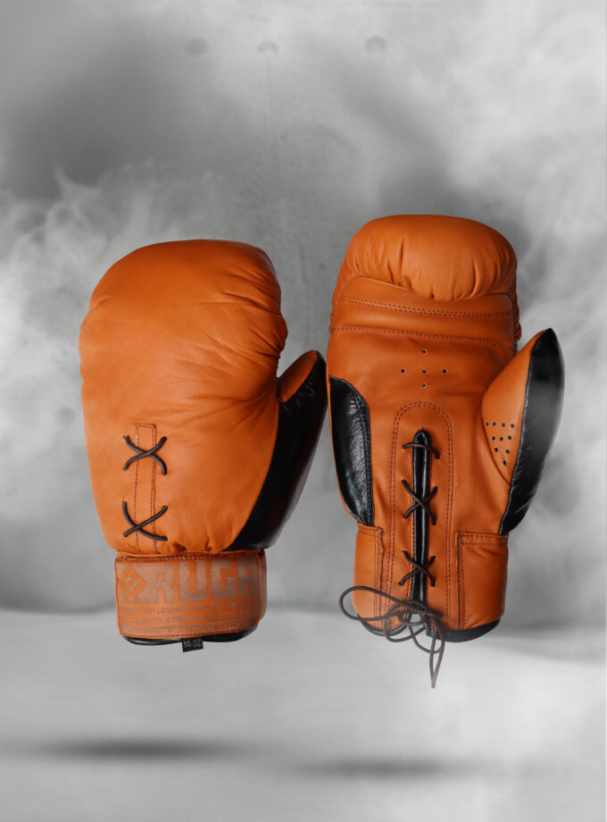 RUGA Desert Camel & Onyx leather boxing gloves with vintage lace-up style.