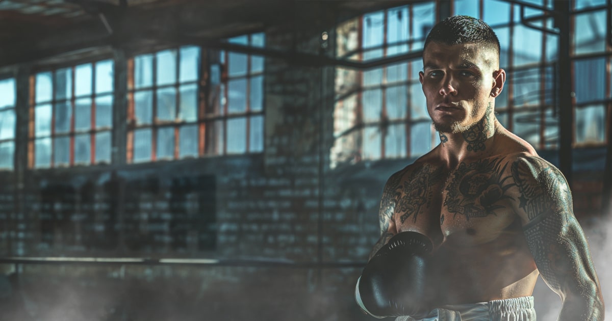 A tattooed boxer with RUGA gloves poised in a sunlit gym, embodying the strength and focus punching bag training provides.