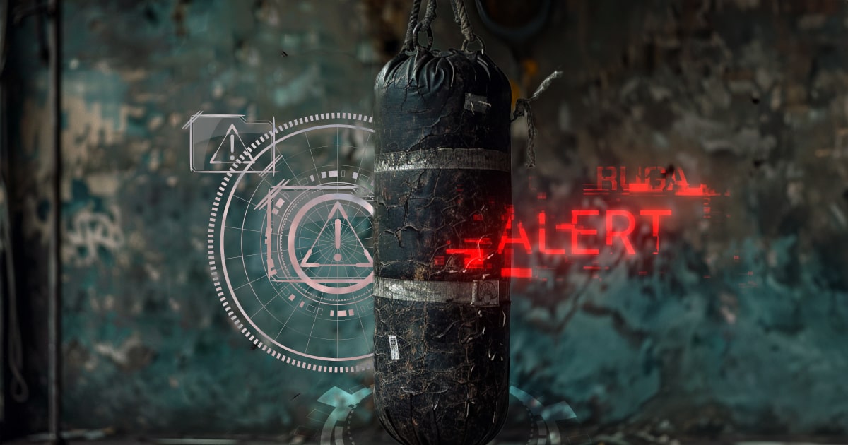 A well-worn punching bag hanging in a gritty gym, overlaid with red 'ALERT' graphics and tactical HUD elements, suggesting the need for maintenance and care.