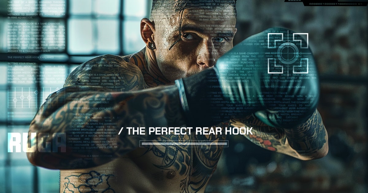 Focused boxer demonstrating the perfect rear hook, showcasing precision and power, embodying RUGA's boxing ethos