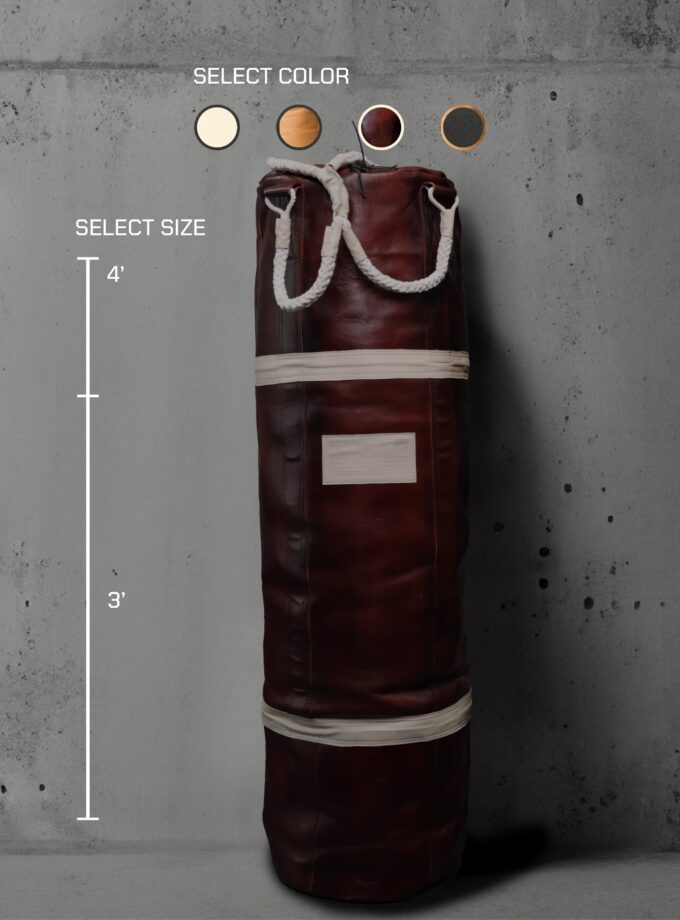 4’ Weave Warrior Punching Bag in Crimson & Ivory with size and color options displayed.