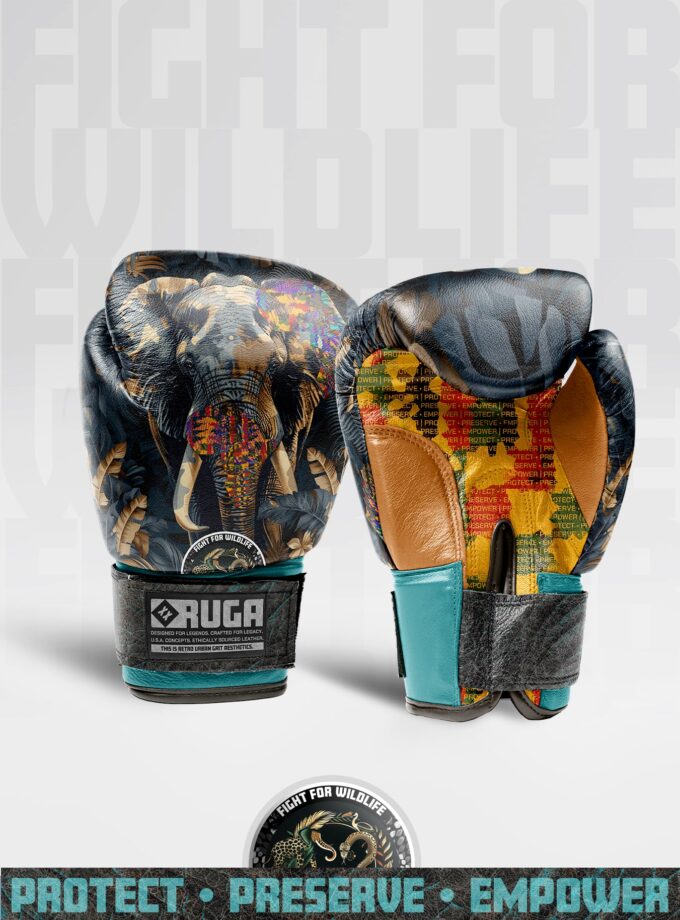 RUGA boxing gloves featuring an African Forest Elephant design, part of the “Fight for Wildlife” series, displayed against a white background.