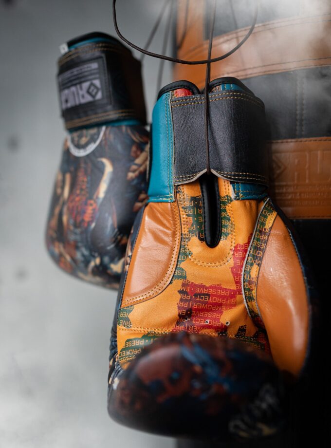 RUGA boxing gloves with African Forest Elephant artwork, hanging on a boxing bag, showcasing the detailed design and vibrant colors.