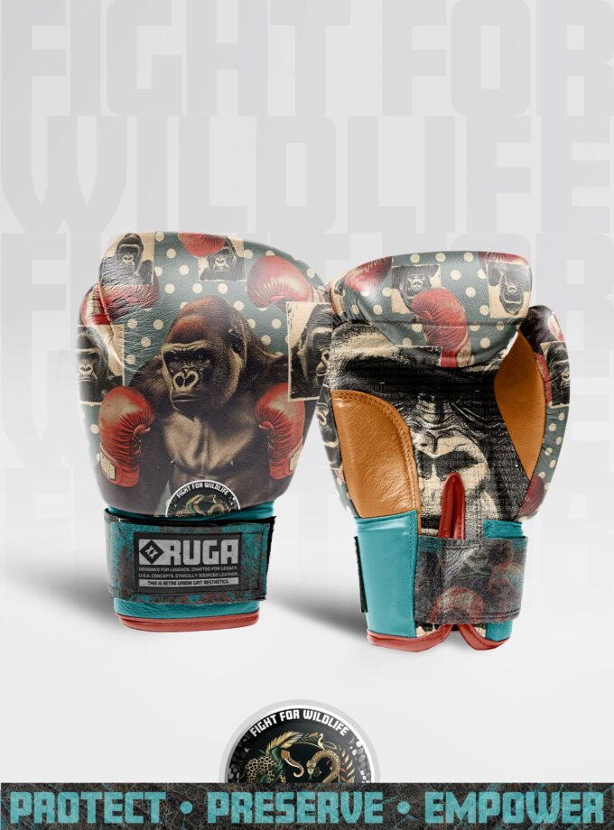 RUGA boxing gloves with Cross River Gorilla design, featuring the “Fight for Wildlife” slogan, displayed against a white background.